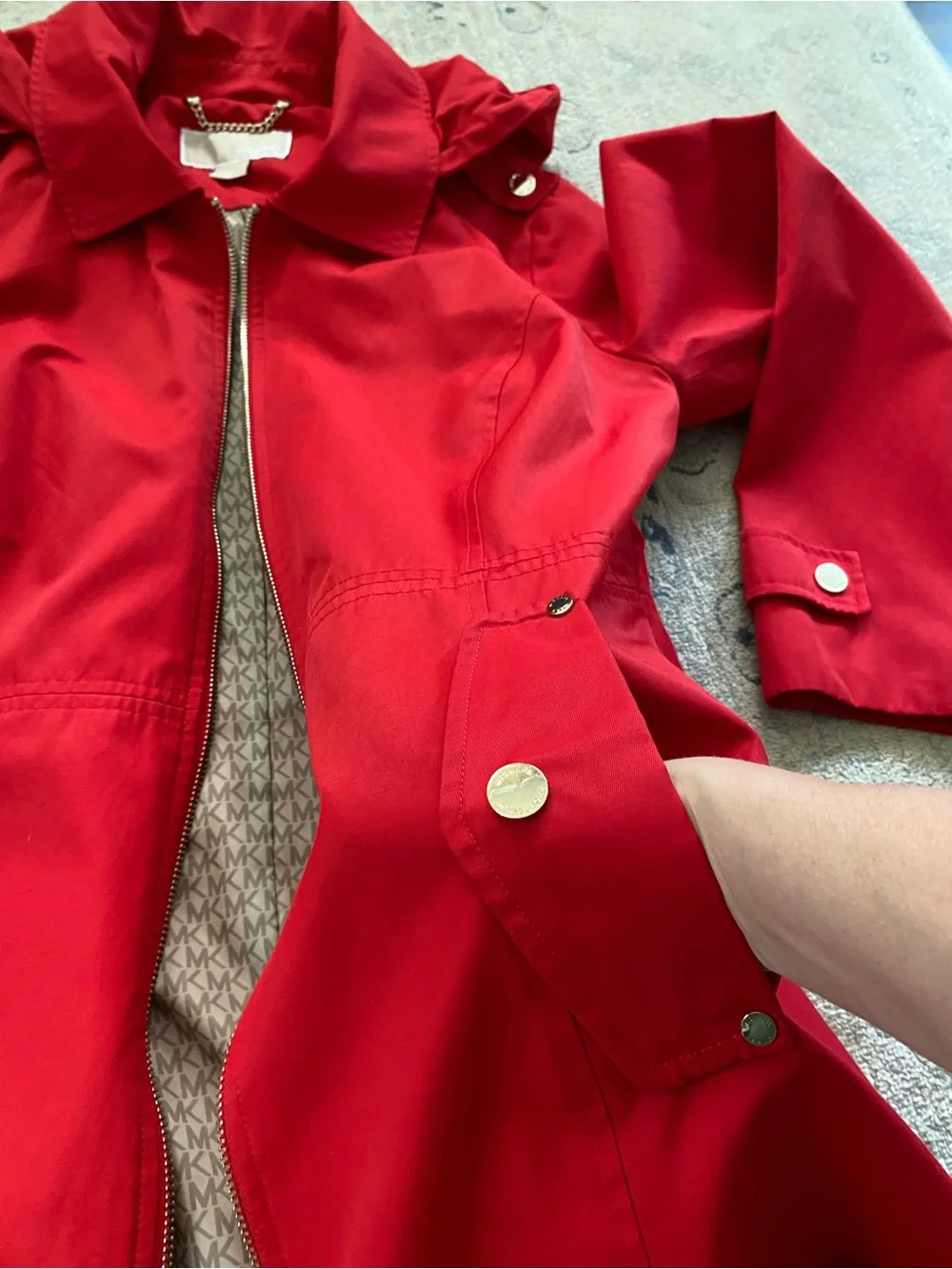 Michael Kors Hooded Rain Jacket Trench Coat Medium Red w/ Gold Hardware